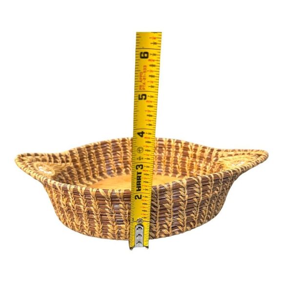 Handcrafted Pine Needle Straw Woven Rattan & Wood Decorative Basket Dish Handles - Picture 7 of 7